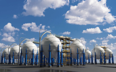 Industrial view of the territory of the plant. Hydrogen production. Industrial hydrogen tanks.  Environmentally friendly energy in H2. Chemical industry. - obrazy, fototapety, plakaty