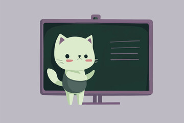 Cute cartoon teacher cat standing at the blackboard. Flat illustration.