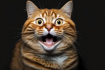 Funny Portrait of Happy Smiling Ginger Cat Staring with Open Mouth and Big Eyes on Isolated Black Background. Generative AI