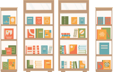 Bookcases with books. Furniture of book shop, library. Shop windows with books. Vector illustration isolated on white background.