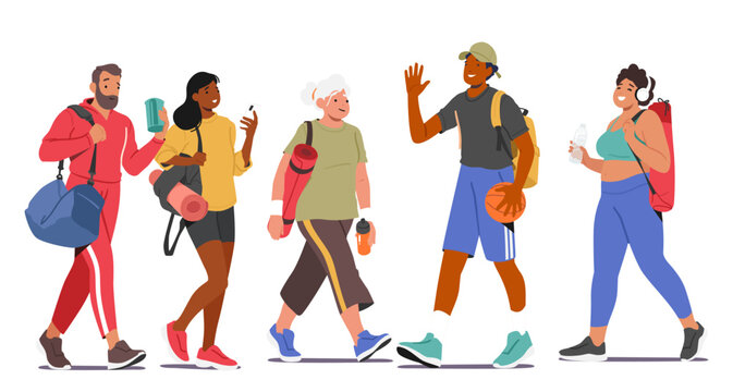 Energetic And Healthy Lifestyle Concept With Male And Female Characters Walking To Gym, Carrying Workout Gear And Water