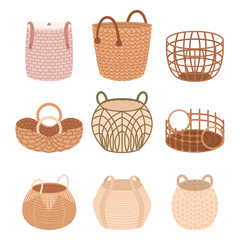 Wicker Baskets Set In Different Sizes And Shapes, Crafted With Natural Materials Like Rattan, Bamboo, Or Willow