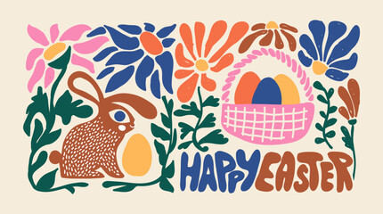 Happy Easter greeting card in doodle matisse art style