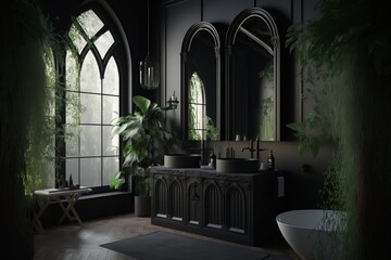 Luxury Interior of bathroom in gothic style. Black and dark bathroom desing. AI Generated.