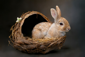 Oster-Hase, Kaninchen im Flechtkorb mit Oster-Dekoration, Generative KI