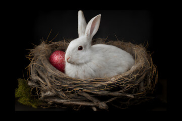 Oster-Hase, Kaninchen im Flechtkorb mit Oster-Dekoration, Generative KI
