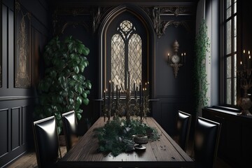 Fototapeta na wymiar Luxury Interior of living room in gothic style. Black and dark living room desing. AI Generated.