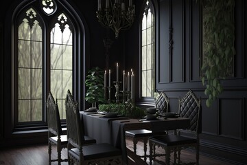 Luxury Interior of living room in gothic style. Black and dark living room desing. AI Generated.