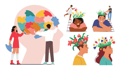 Set Mental Health, Psychology Concept. Characters Treat Depression, Loneliness, Illness, Brain Development