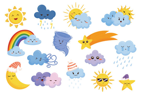 Cartoon Weather Characters Depicting Various Weather Conditions Sun, Rain, Snow, Thunderstorm, And Wind
