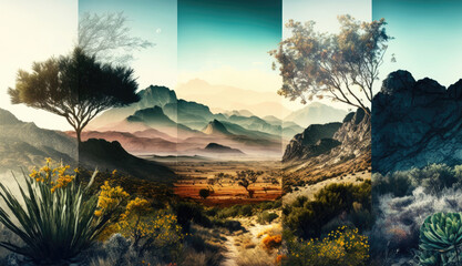 beautiful landscape illustration, different color filters, bushes, forests, mountains, rocks, background image