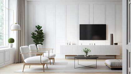 Mock up wall mounted tv with cabinet and armchair on white wall background. - Generative AI