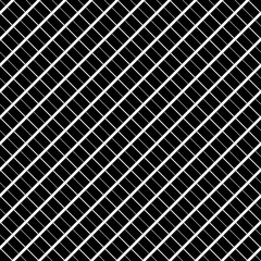 White diagonal stripes and strokes grill on black background. Seamless surface pattern design with linear ornament. Grid motif. Crossed lines wallpaper. Checkered image. Digital paper. Vector print.