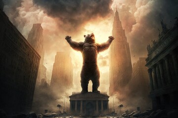 Giant bear roaring on top of ruins of a destroyed Wall Street bank in New York City. Market crash, recession concept. Generative ai illustration. - obrazy, fototapety, plakaty
