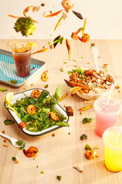 Food-Fight-Messy-healthy-bowls-cold-drinks-shrimp-chicken-afternoon-light