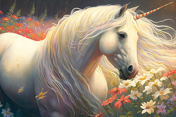 illustration of mythical creature, unicorn with long white mane riding through flower meadow - obrazy, fototapety, plakaty
