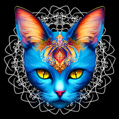 Cat Blue Divinity in Mandala Surreal Digital Art with flames on eyes, royal figure on Black Background