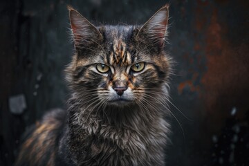 Cat wild. Portrait of a dirty, homeless cat. Animals are homeless. The depth of field is small. A stray cat left alone. Generative AI