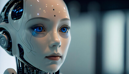 Beautiful porcelain white female android robot. 3d rendered illustration Character design. Ai generative illustration.