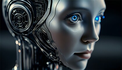 Female cyborg, neon blue technology background, digital illustration made with generative ai