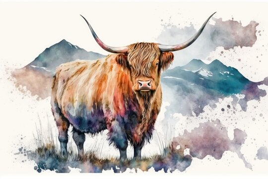 Cattle from Scotland. Highland cow from Scotland. The bull had horns. Isolated with space to write your own words. Aquarelle, watercolor illustration. Generative AI