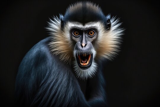 Cercopithecus diana, the Diana monkey, has a dark background, a scream, a crescent shaped browband, a ruff, and a beard. Animals in the wild. Portrait. Generative AI