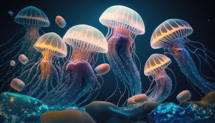 Fototapeta premium A group of jellyfish swimming in a dark blue ocean. Ocean animals.