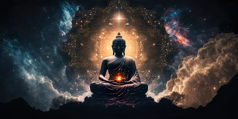  Cosmic Buddha meditating, Lotus position buddha on left with a magenta glow against a wide dark starry night © liliya