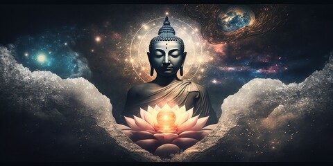 Cosmic Buddha on Nebula, Flower Lotus Magenta glow against a wide dark starry night - obrazy, fototapety, plakaty