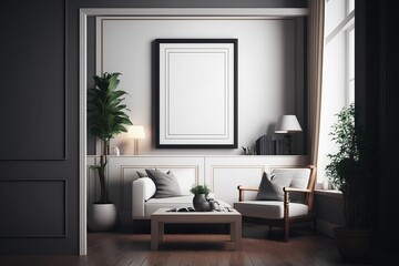 Mockup. Interior of a modern living room with a frame on the wall. Blank poster frame mock up. AI Generated.