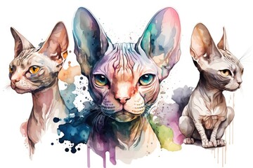 Cats in watercolor. Sphynx. Watercolor animal illustration. Animal portrait. Illustration in watercolor on a white background. Generative AI