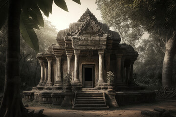 small temple with many pillars stands in the forest , old grave site, small stone staircase - obrazy, fototapety, plakaty