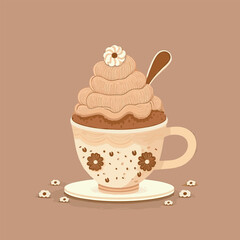 Flat cartoon illustration of cute beautiful glass cup of coffee drink in pastel brown colors