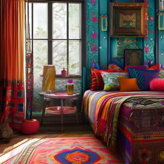 A bohemian bedroom with colorful textiles and patterns3, Generative AI