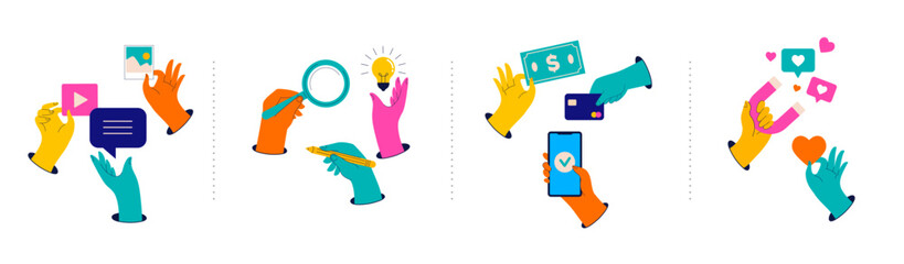 Collection of colorful hands holding stuff. Business, social media, communication theme website concept illustrations