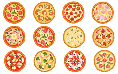 Fototapeta na wymiar Italian pizza flat illustrations. Ingredients for creating tasty fast food. Margarita, double cheese and seafood pizzas