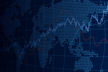 Candlestick chart, line graph and bar chart. World stock market index graph