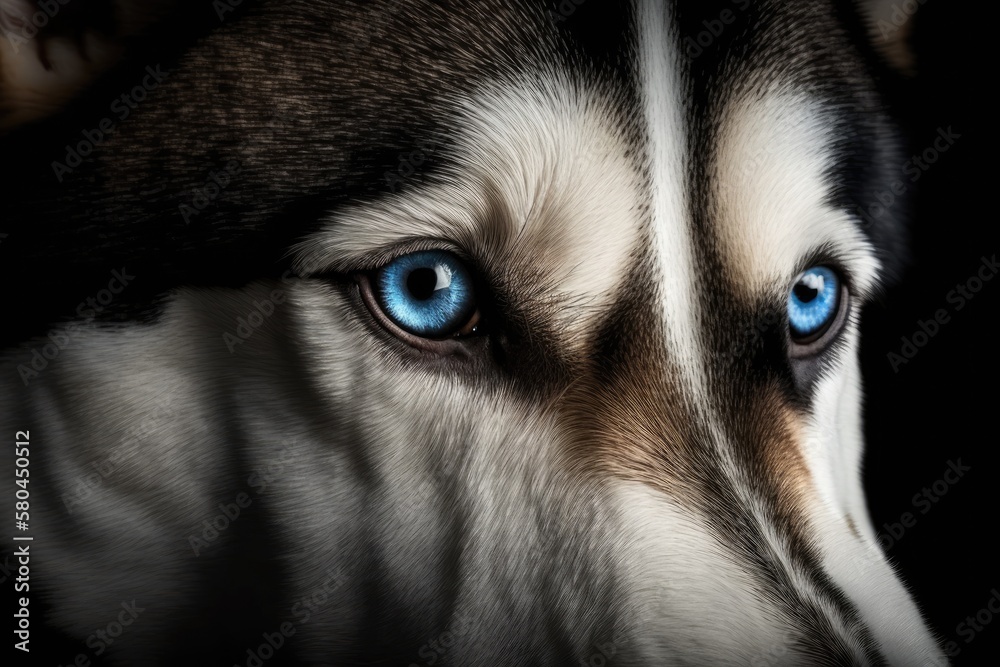 Poster Close up Front view of a peeking Siberian Husky dog's head with blue eyes on a black background. Generative AI