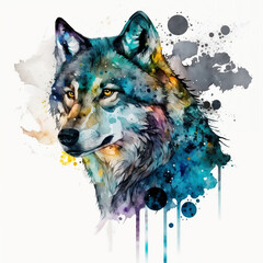 Colourful watercolour painting of a majestic wolf.  Generative AI