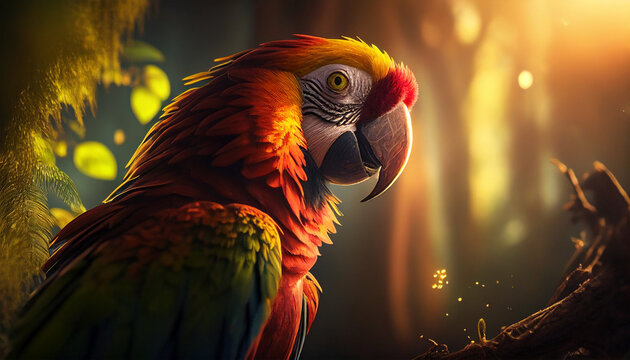 Beautiful portrait of a macaw in a forest with magical sunrays in the background - generative ai
