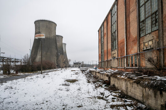 Old abandoned post-Soviet coal power plant in Hungary near Budapest