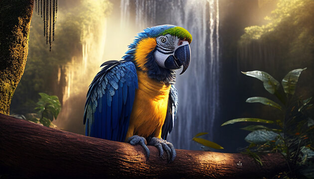 Beautiful portrait of a macaw in a forest with magical sunrays in the background - generative ai