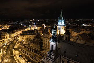 Fototapeta na wymiar Lublin Old Town. Lublin Castle. Lublin Grodzka Gate. Classic town look. Aerial view of old town in Lublin. Polish old cities. Poland old town. Night view of old town. Lublin by night.