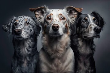 Banner with three dogs with their heads tilted to the side. Stands out against a gray background. Generative AI