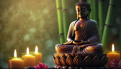Fototapeten Buddha statue with candles on natural background. Copy space. Based on Generative AI © Yeti Studio
