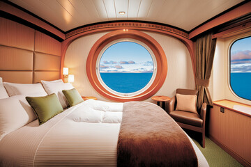 An interior shot of a luxurious cabin on a cruise ship, with a plush bed, polished wood finishes, and ocean views through the window - Generative AI - obrazy, fototapety, plakaty