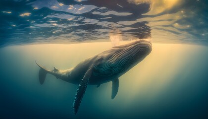 whale in the water with beautiful light - obrazy, fototapety, plakaty