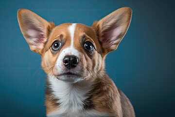 A scared corgi puppy in a studio portrait, set against a blue background. The scared look on a dog's face. The dog looks for the treat and waits for it. How to take care of a pet. Banner. Generative