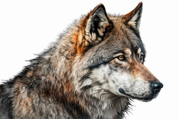 Fototapeta na wymiar A wolf with a hard look, isolated on a white background. The European wolf is a beautiful and dangerous animal. Amazing portrait done in the style of an oil painting, perfect for a profile picture, ic