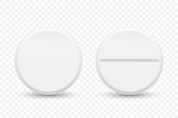 Vector 3d Realistic White Round Pharmaceutical Medical Pill, Capsule, Tablet Icon Set Closeup Isolated. Front View. Medicine, Health Concept